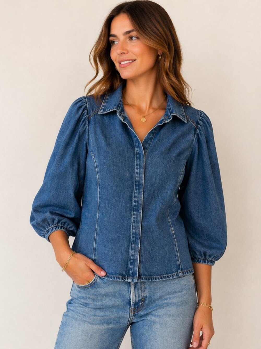 Zara Denim Puff Sleeve Blouse Size S - Picture 2 of 2